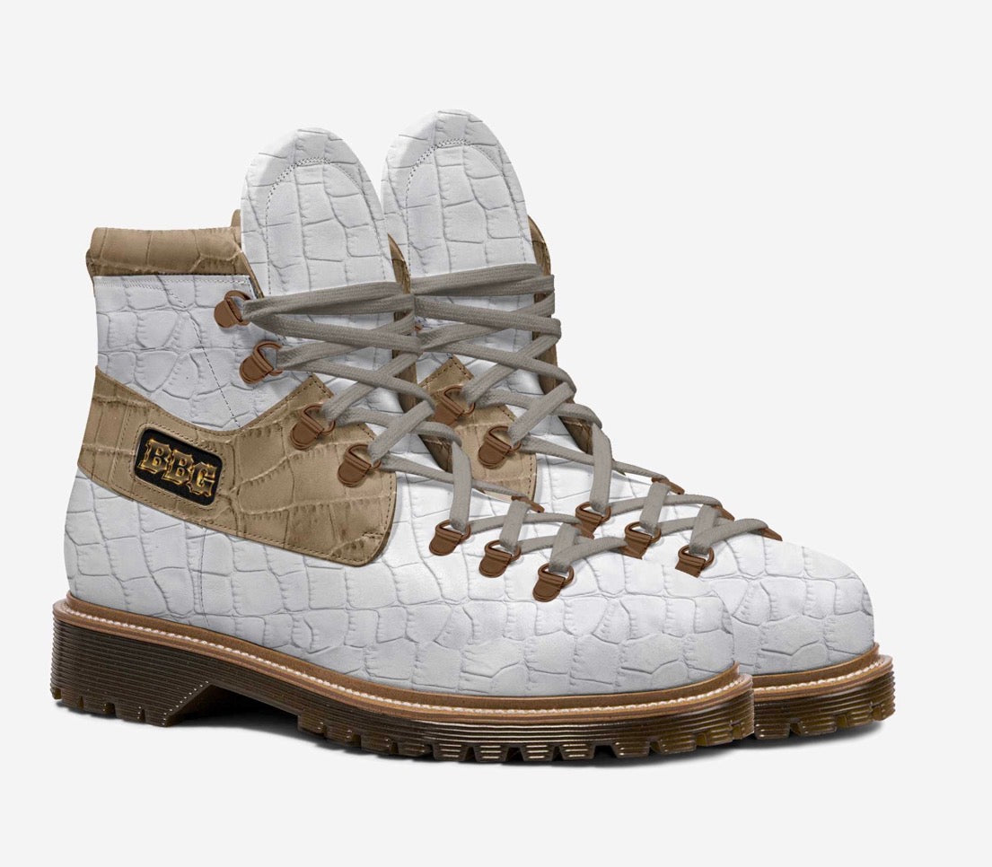BBG White & Champagne Gold Crocodile Luxury High-Top Boots