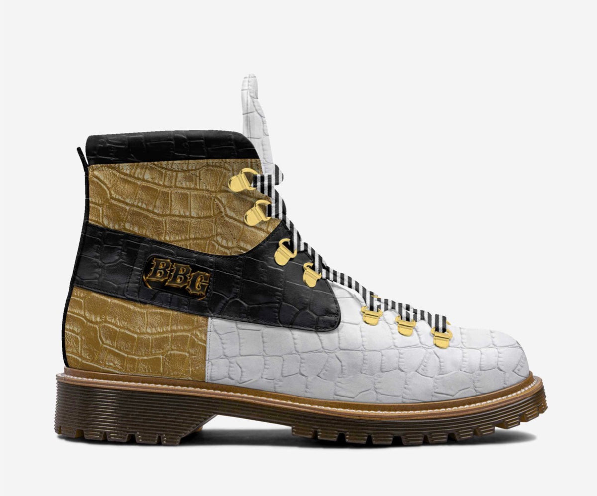 BBG Black Gold & Arctic White Crocodile Luxury High-Top Boots