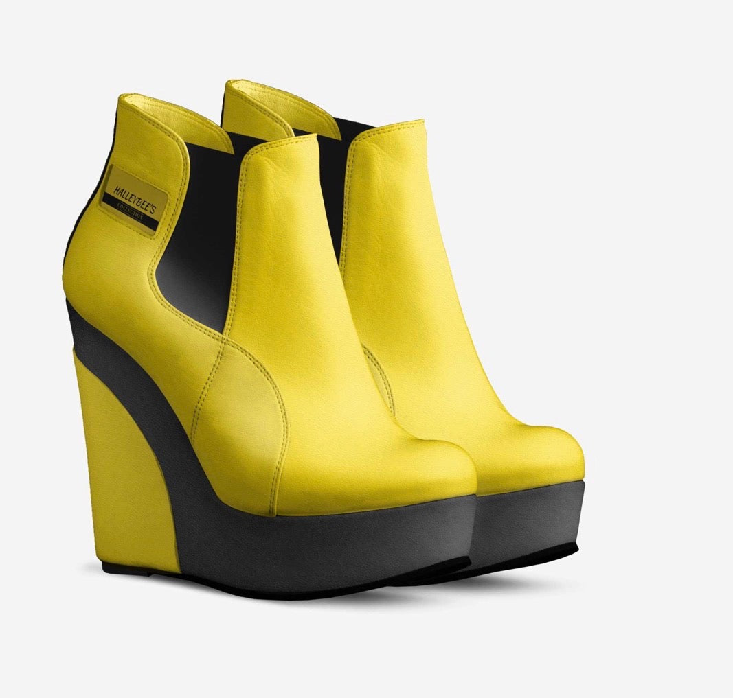HALLEYBEE’S Sunshine Yellow & Black Luxury Platform Wedge Ankle Boots