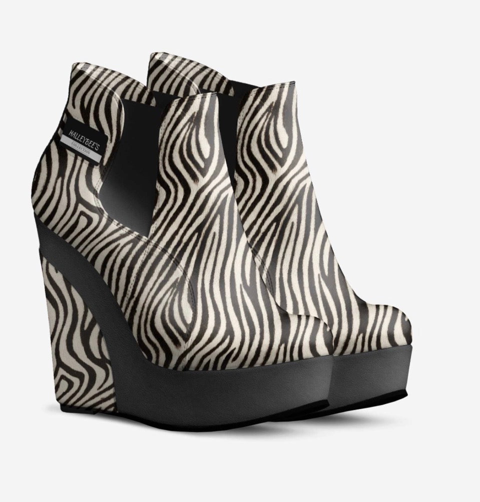 HALLEYBEE’S Wild Zebra Black & White Luxury Platform Wedge Ankle Boots