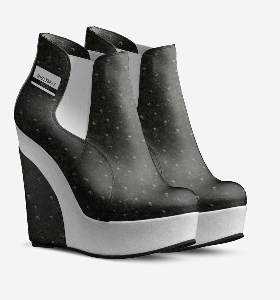 HALLEYBEE’S Black & White Ostrich-Embossed Luxury Platform Wedge Ankle Boots