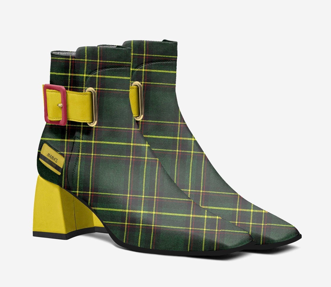 MAMA’S Emerald Plaid & Sunshine Yellow Luxury Buckle Ankle Boots