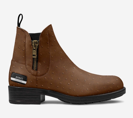 MAMA’S Cognac Brown Ostrich-Textured Luxury Zip Ankle Boots