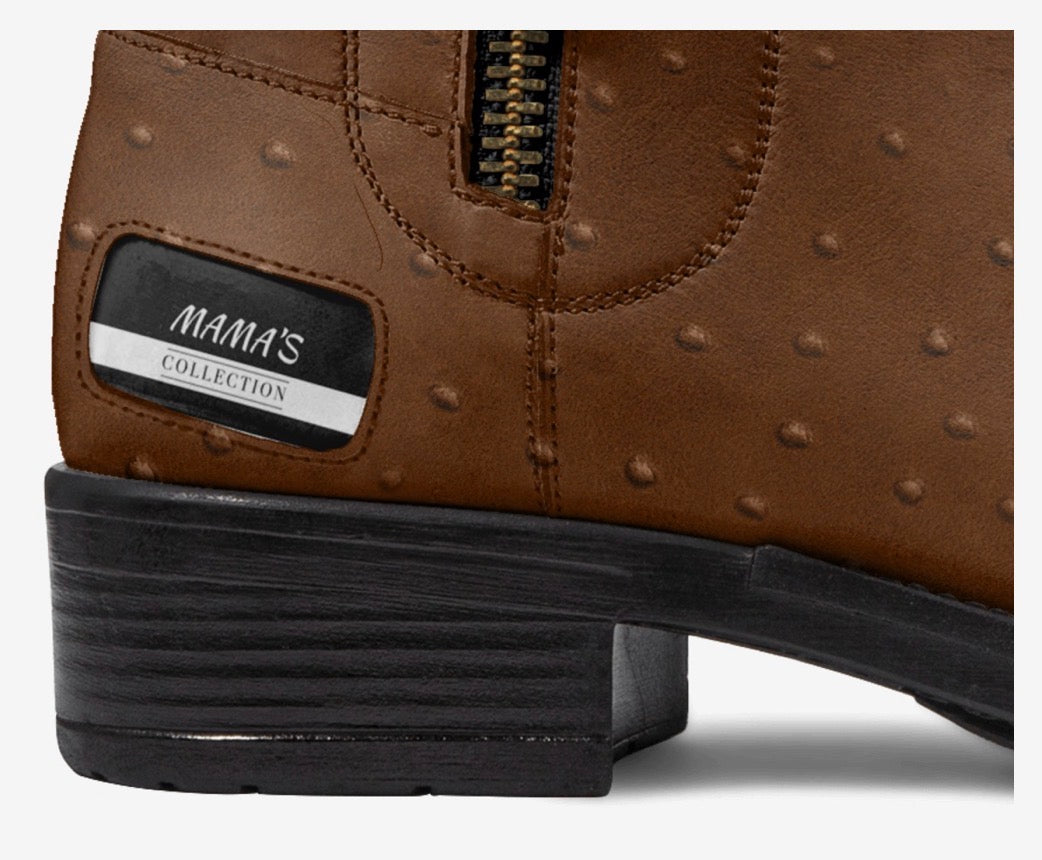 MAMA’S Cognac Brown Ostrich-Textured Luxury Zip Ankle Boots