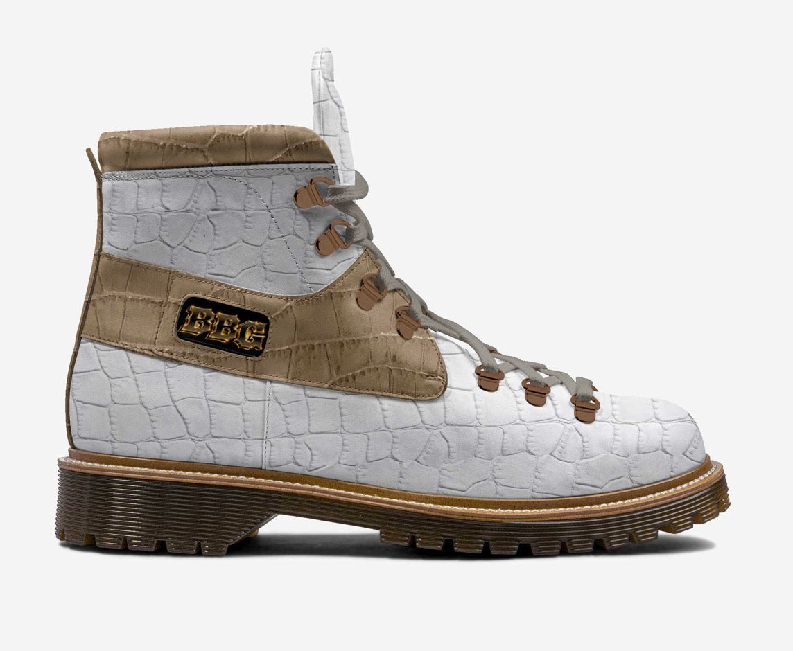 BBG White & Champagne Gold Crocodile Luxury High-Top Boots