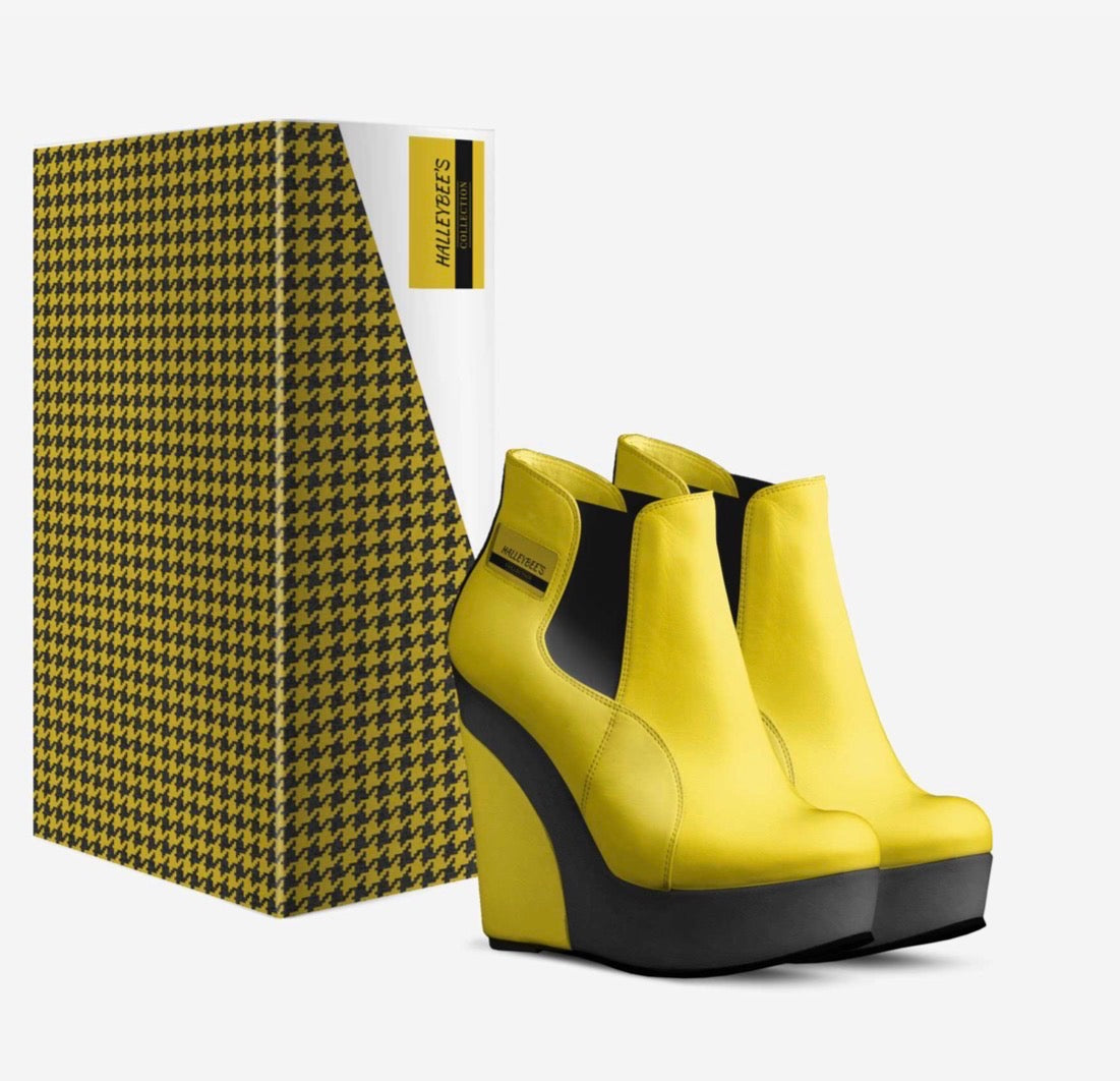 HALLEYBEE’S Sunshine Yellow & Black Luxury Platform Wedge Ankle Boots