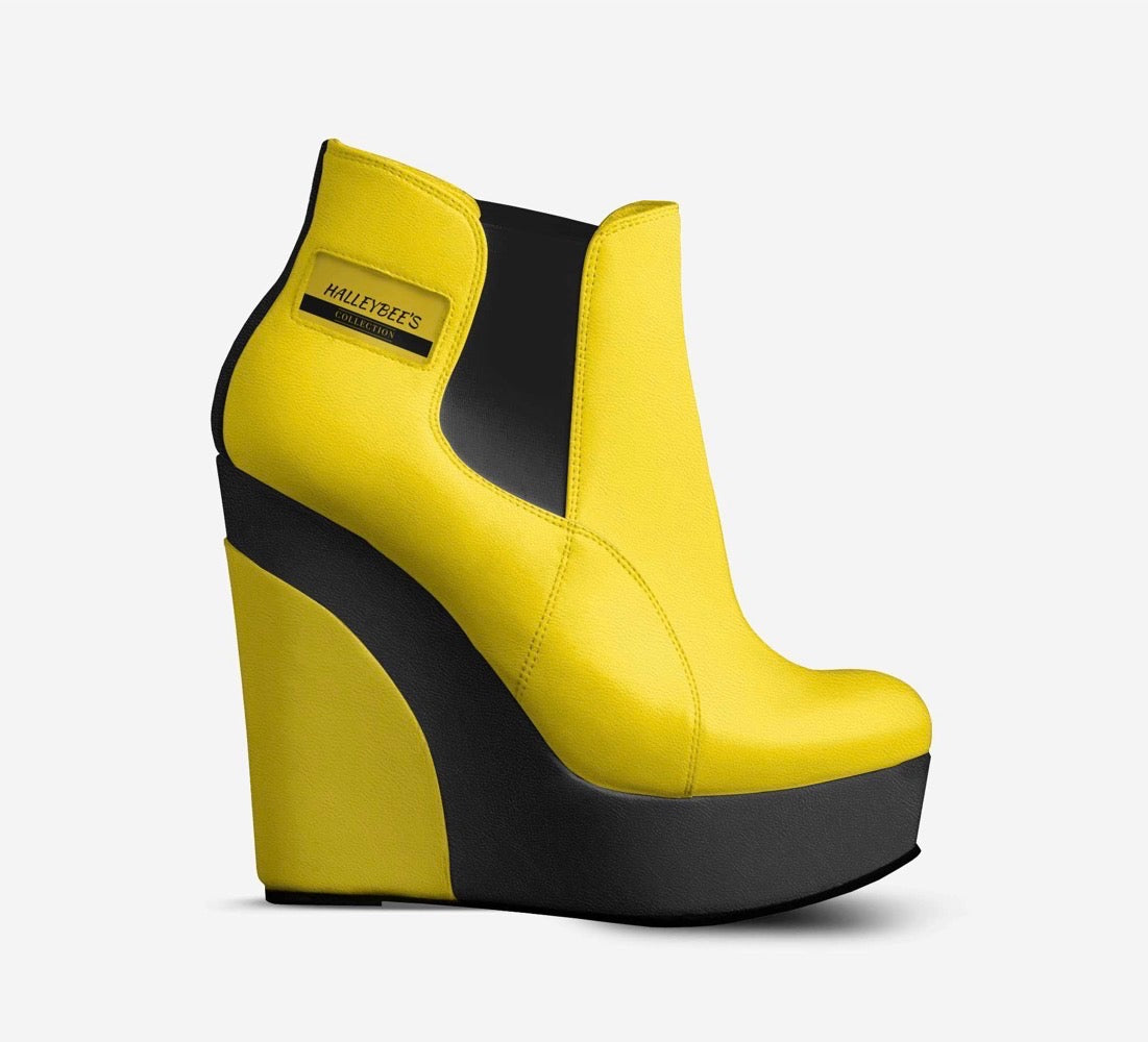 HALLEYBEE’S Sunshine Yellow & Black Luxury Platform Wedge Ankle Boots