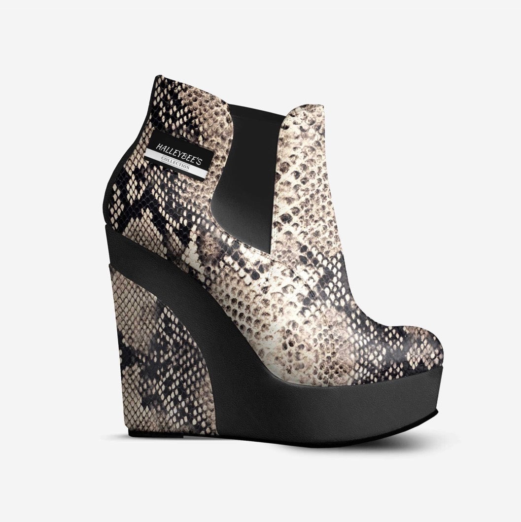 HALLEYBEE’S Exotic Python Snakeskin Luxury Platform Wedge Ankle Boots