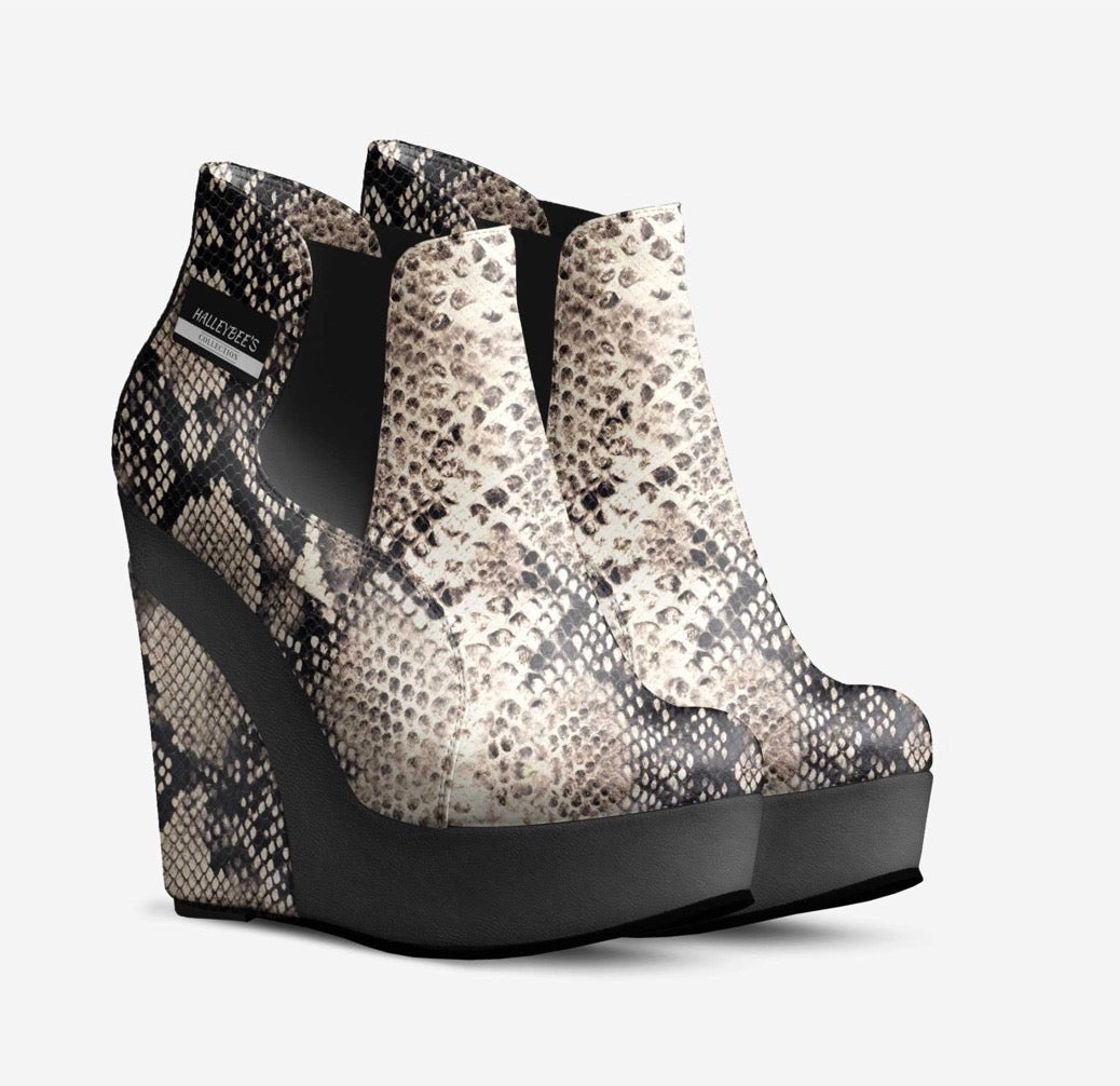 HALLEYBEE’S Exotic Python Snakeskin Luxury Platform Wedge Ankle Boots
