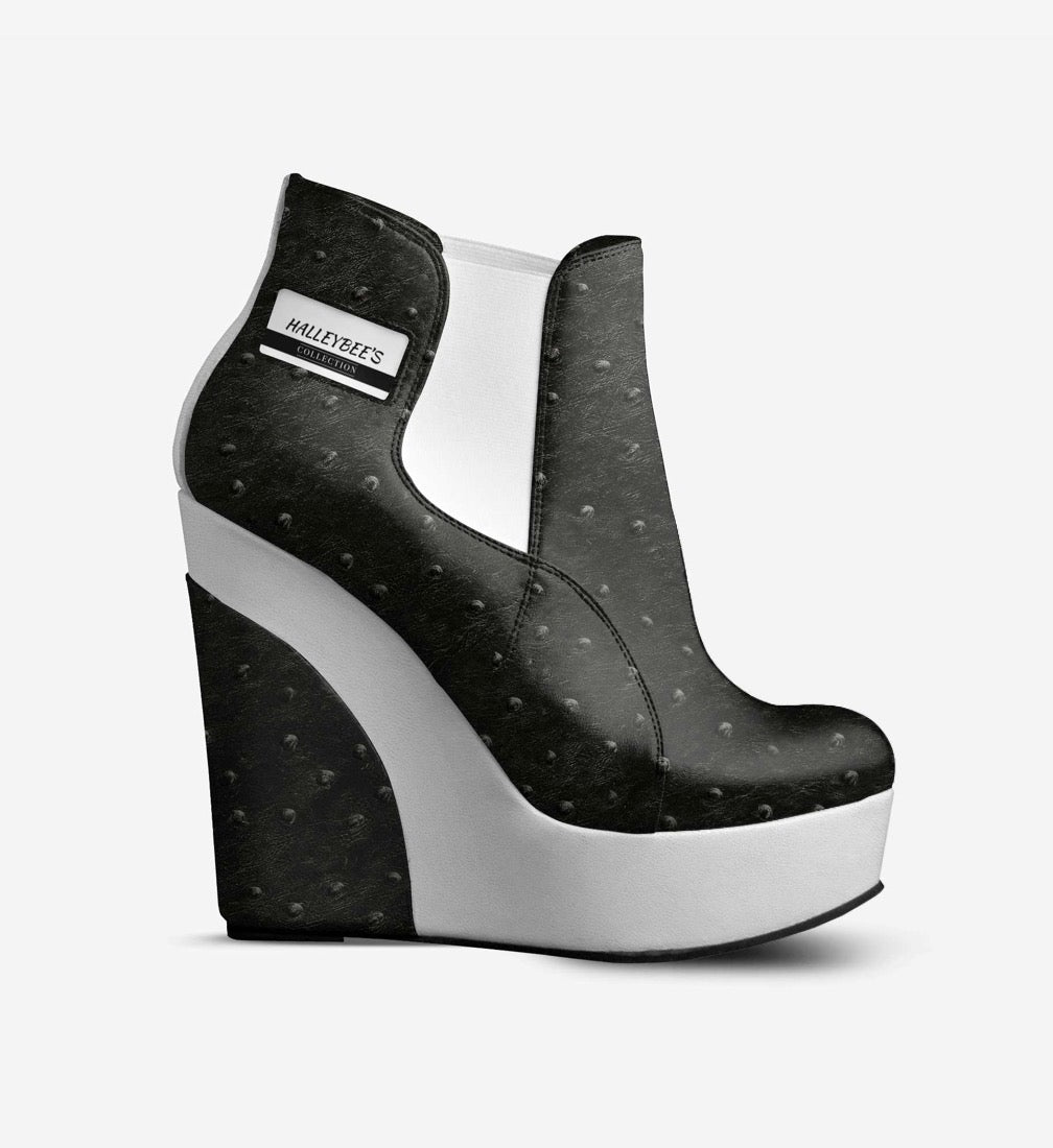 HALLEYBEE’S Black & White Ostrich-Embossed Luxury Platform Wedge Ankle Boots