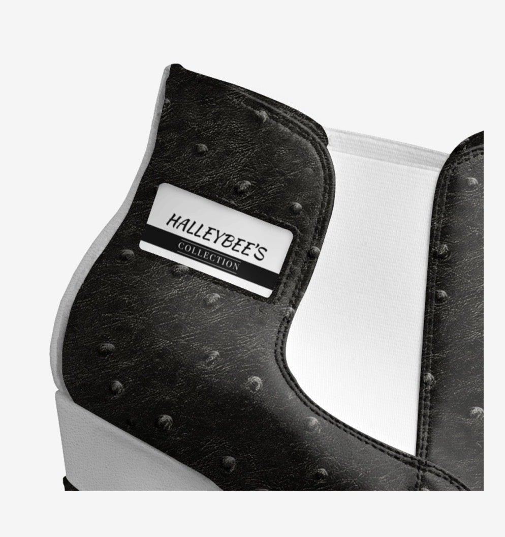 HALLEYBEE’S Black & White Ostrich-Embossed Luxury Platform Wedge Ankle Boots