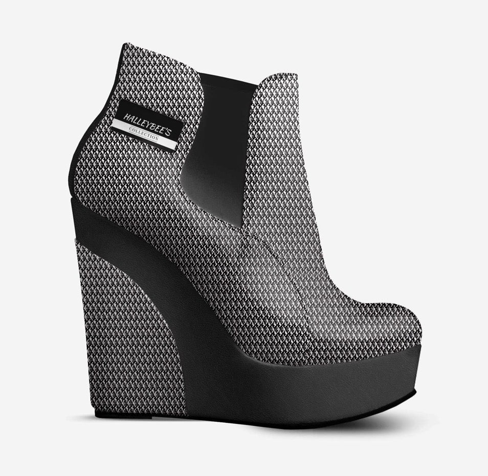 HALLEYBEE'S Black & White Diamond Pattern Luxury Platform Wedge Ankle Boots