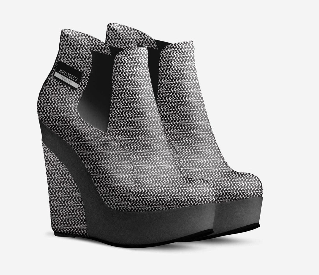 HALLEYBEE'S Black & White Diamond Pattern Luxury Platform Wedge Ankle Boots
