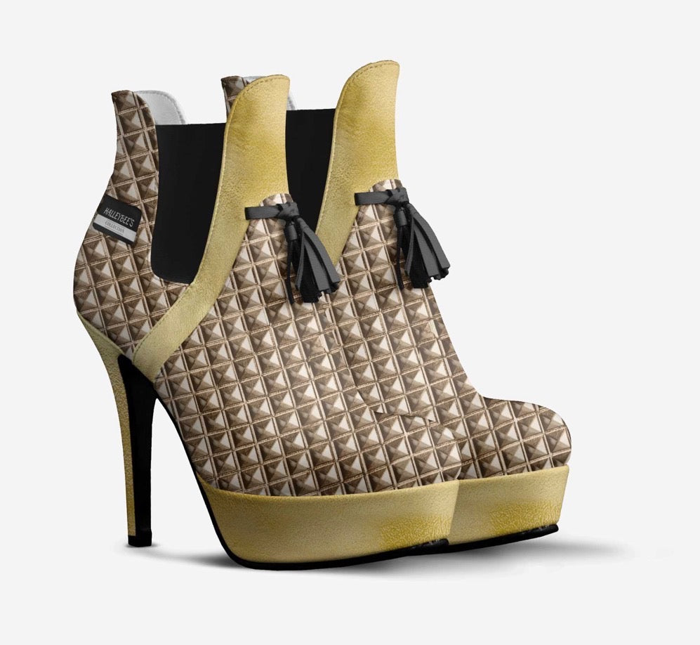 HALLEYBEE’S Gold & Bronze Geometric Luxury Stiletto Platform Ankle Boots