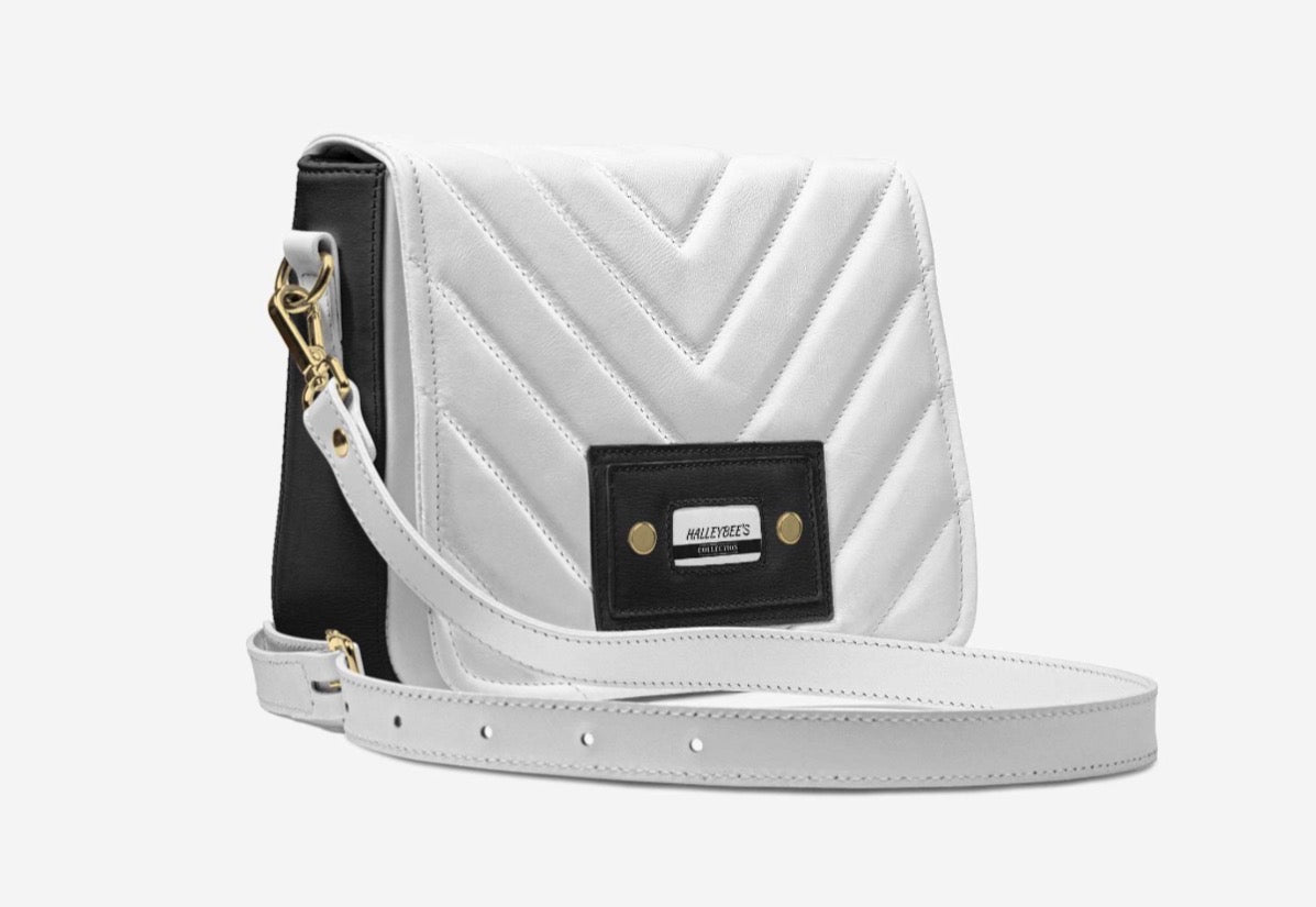 HALLEYBEE’S White Diamond Quilted Luxury Crossbody Handbag with Gold Accents