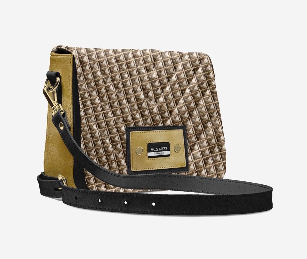 HALLEYBEE’S Gold & Bronze Geometric Luxury Crossbody Handbag with Black & Gold Accents