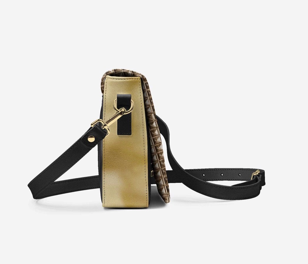 HALLEYBEE’S Gold & Bronze Geometric Luxury Crossbody Handbag with Black & Gold Accents