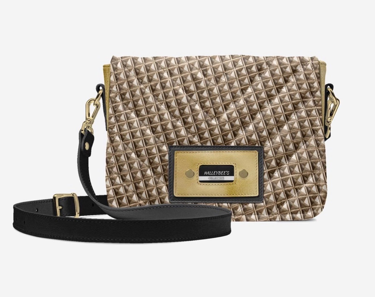 HALLEYBEE’S Gold & Bronze Geometric Luxury Crossbody Handbag with Black & Gold Accents