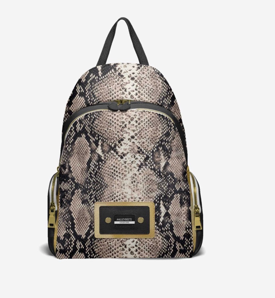 HALLEYBEE’S Exotic Snakeskin Luxury Fashion Backpack with Black & Gold Accents