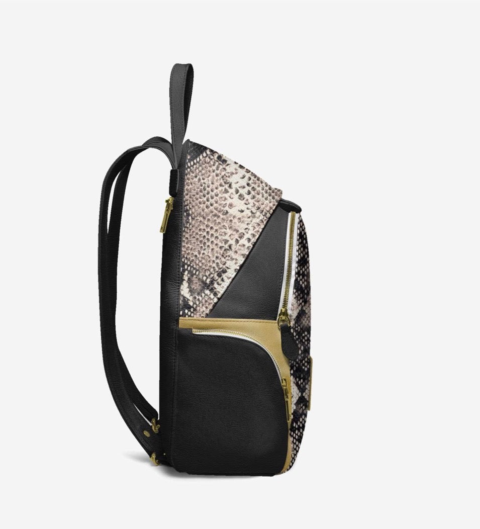 HALLEYBEE’S Exotic Snakeskin Luxury Fashion Backpack with Black & Gold Accents