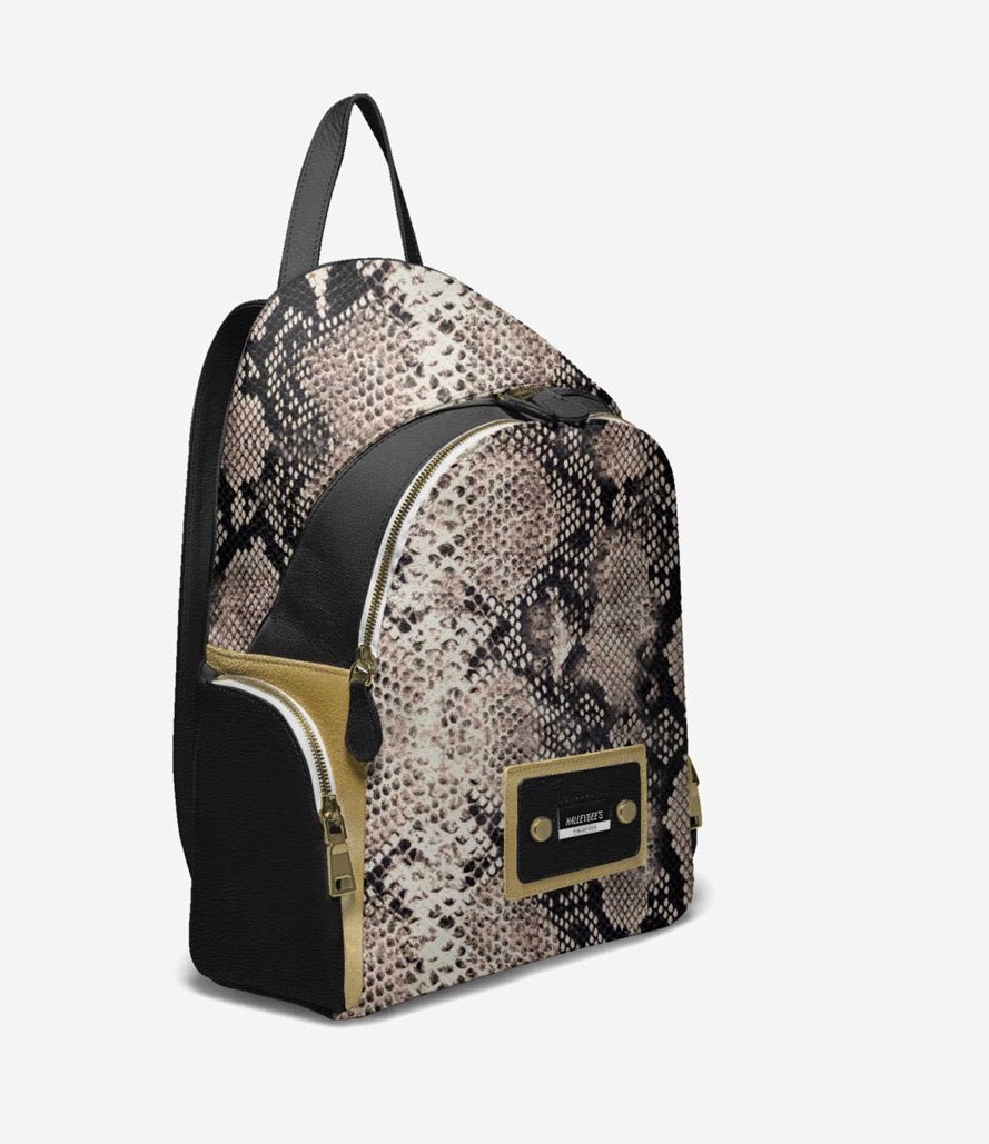 HALLEYBEE’S Exotic Snakeskin Luxury Fashion Backpack with Black & Gold Accents