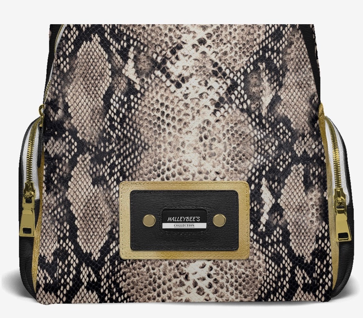 HALLEYBEE’S Exotic Snakeskin Luxury Fashion Backpack with Black & Gold Accents