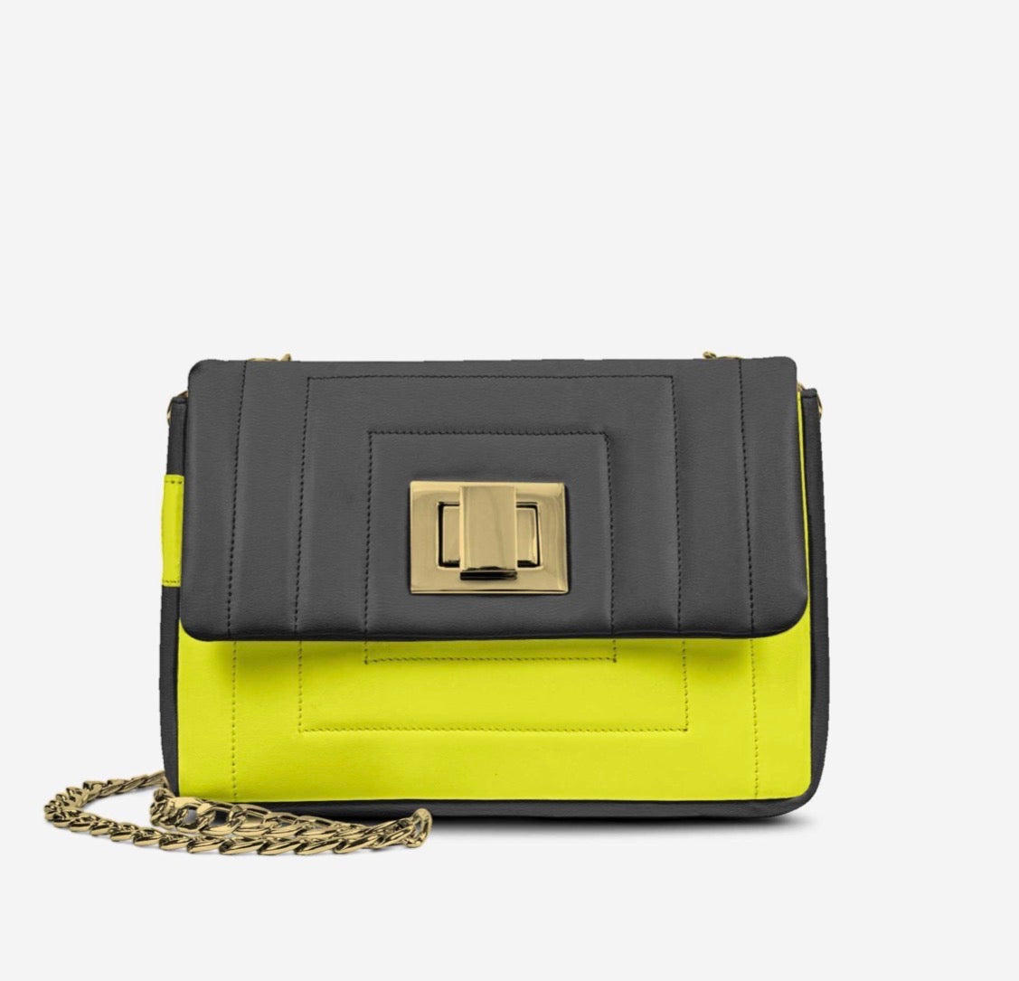 HALLEYBEE’S Electric Yellow & Black Luxury Gold Chain Shoulder Handbag