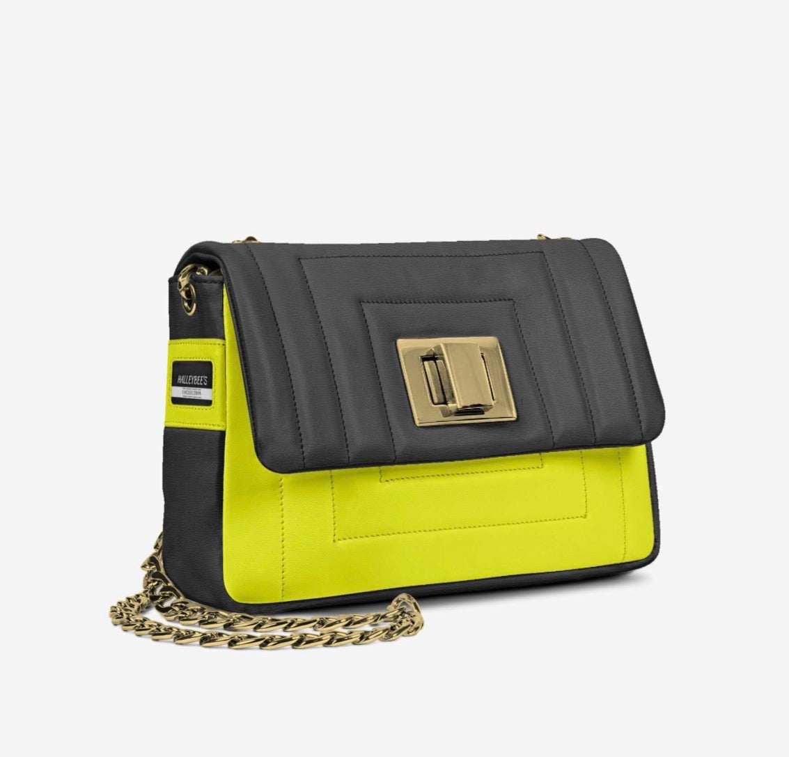 HALLEYBEE’S Electric Yellow & Black Luxury Gold Chain Shoulder Handbag